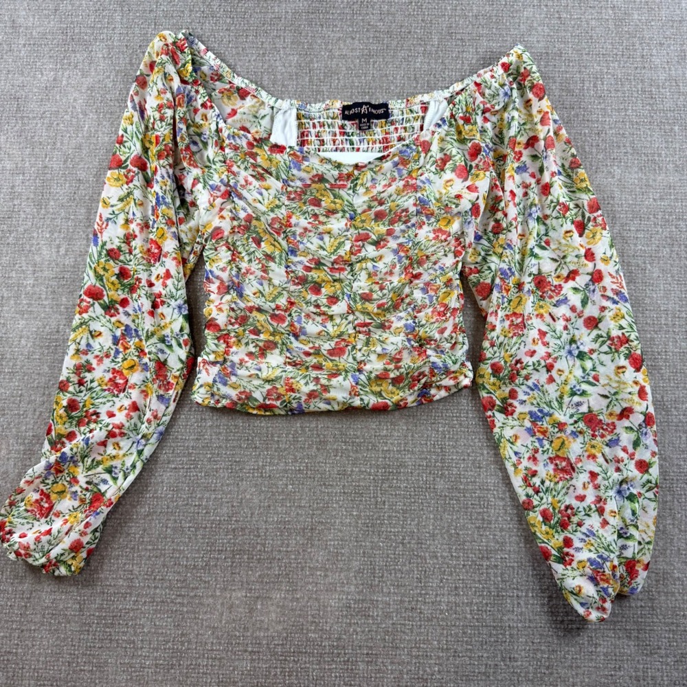 Almost Famous Women Floral Mesh Ruched Crop Top Long Sleeve Smocked Back M Y2K - Picture 1 of 8